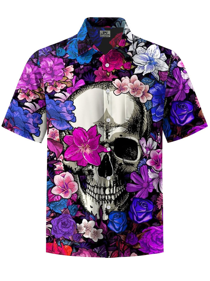 Alohadaddy® Hawaiian floral skull print chest pocket men&
