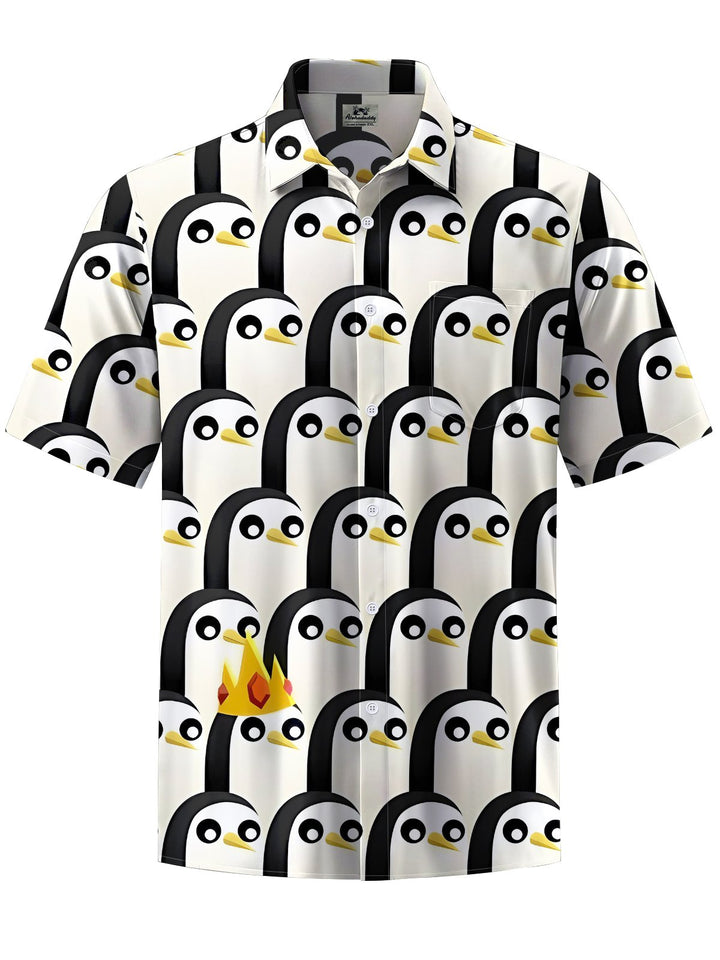 Alohadaddy® Casual Penguin Cartoon Contrast Art Print Chest Pocket Men&