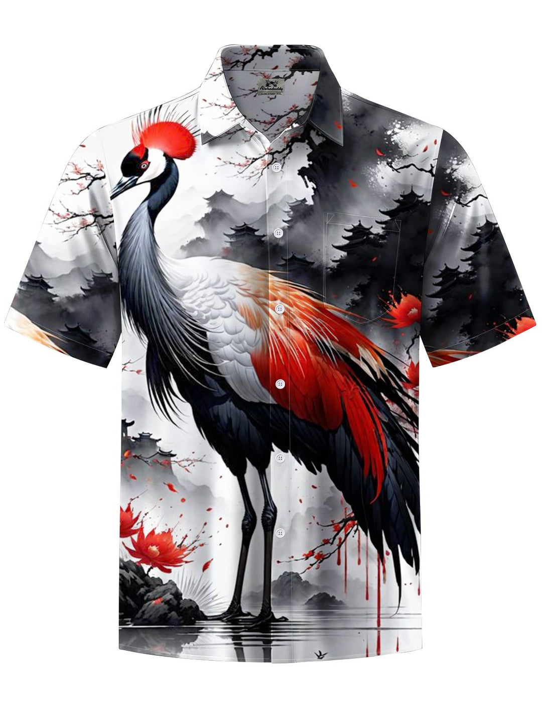 Alohadaddy® Casual Red-Crowned Crane Ink Painting Print Art Chest Pocket Men&