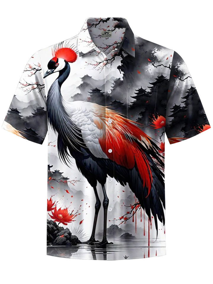 Alohadaddy® Casual Red-Crowned Crane Ink Painting Print Art Chest Pocket Men&
