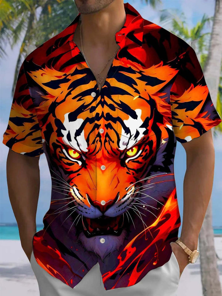 Alohadaddy® Casual Tiger Art Print Chest Pocket Stretch Men&