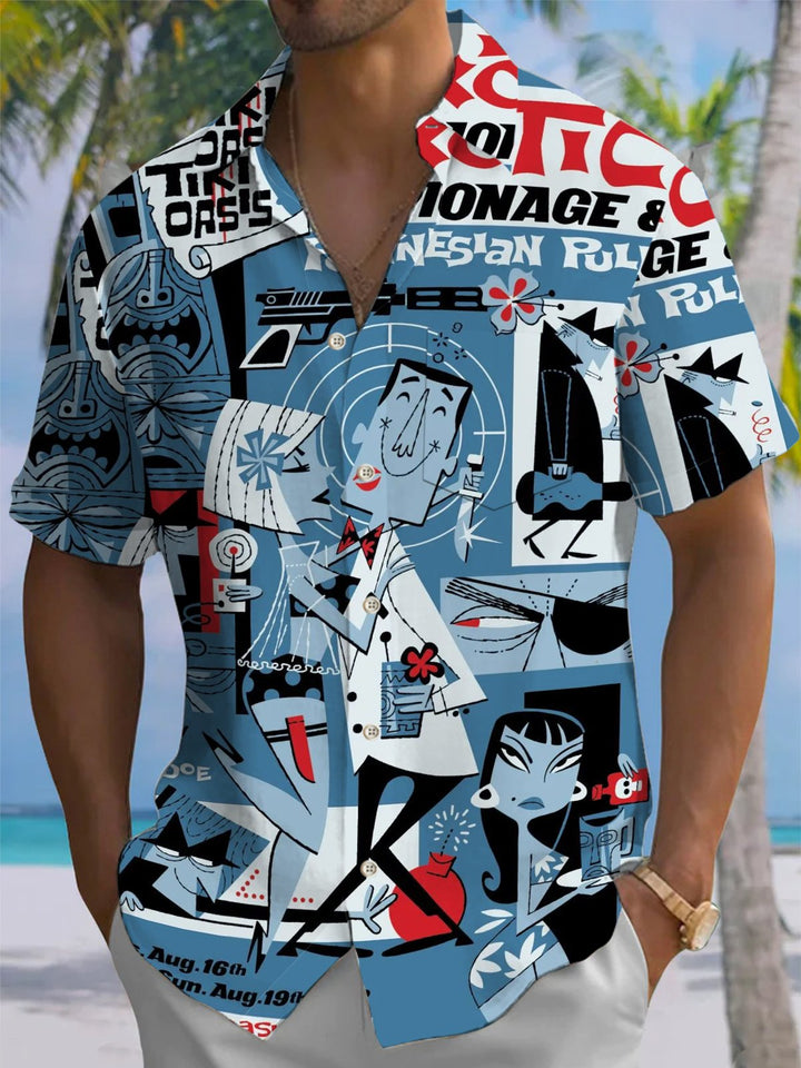 Alohadaddy® Retro Geometric Tiki Art Print Elastic Pocket Button Men&
