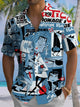 Alohadaddy® Retro Geometric Tiki Art Print Elastic Pocket Button Men's Short Sleeve Shirt Big & Tall