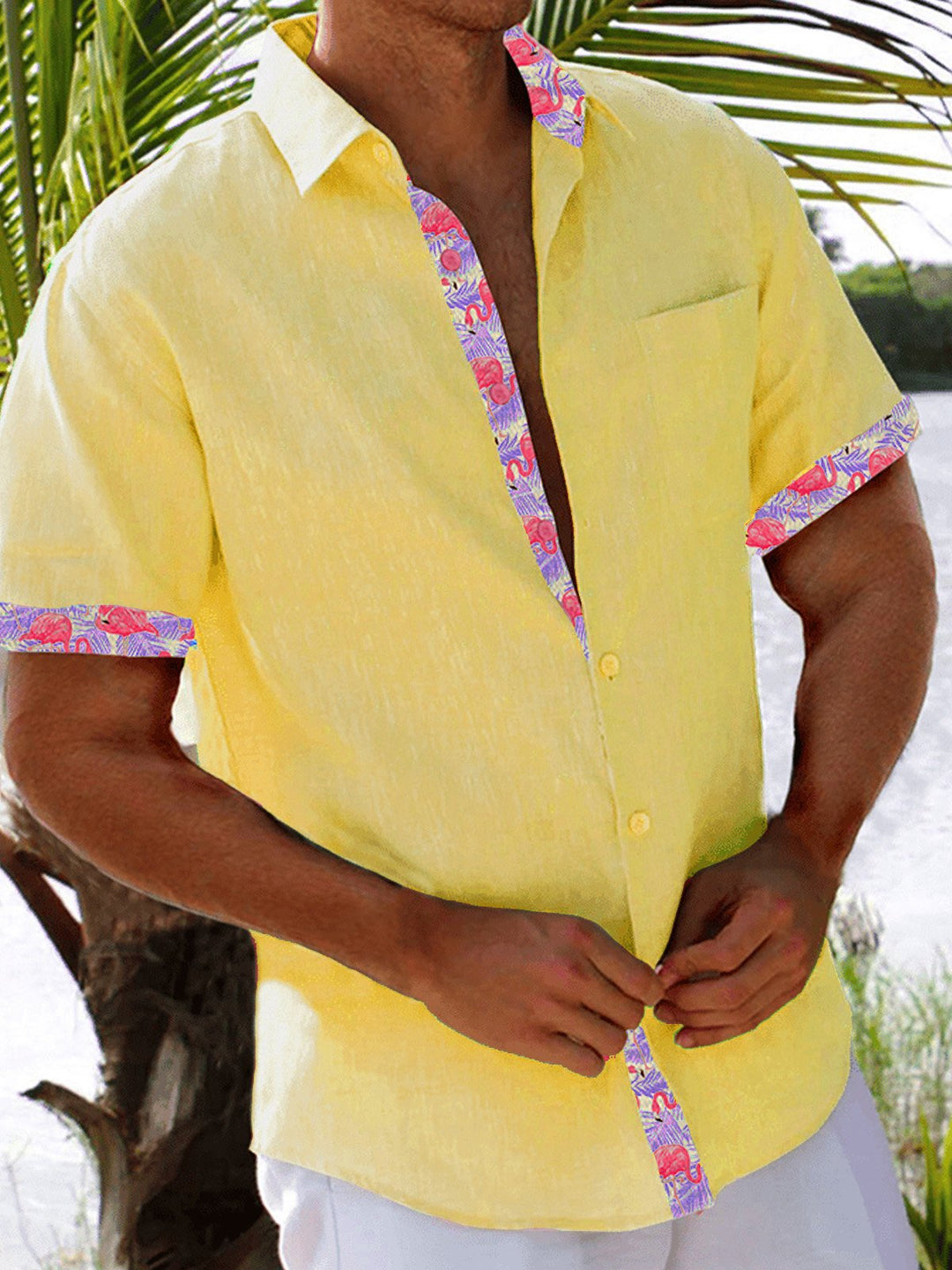Camisa de hombre Alohadaddy Beach Holiday Flamingo Pink Pocket Basics Camisa de campamento Big Tall