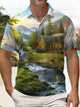 Alohadaddy® Retro Landscape River Cabin Grass Men's Polo Shirt
