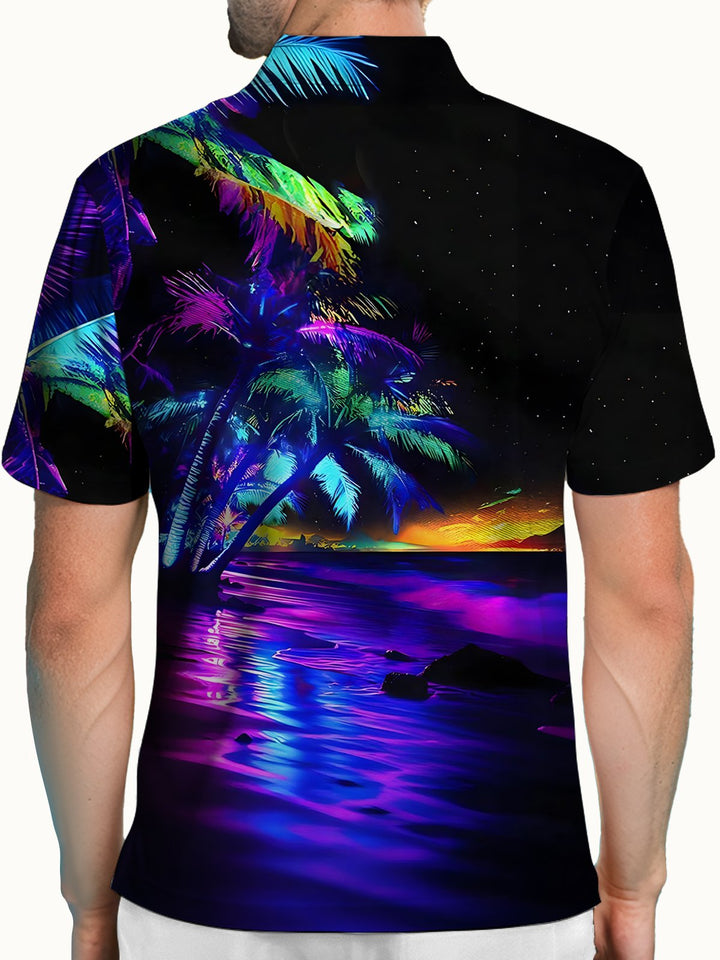Alohadaddy® 3D Abstract Gradient Hawaiian Beach Coconut Tree Short-Sleeve Polo Shirt
