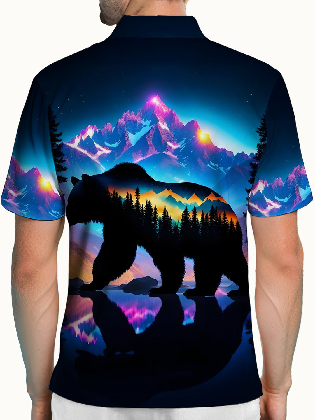 Alohadaddy® Retro Gradient Forest Bear Colorful Abstract Short-Sleeve Polo Shirt