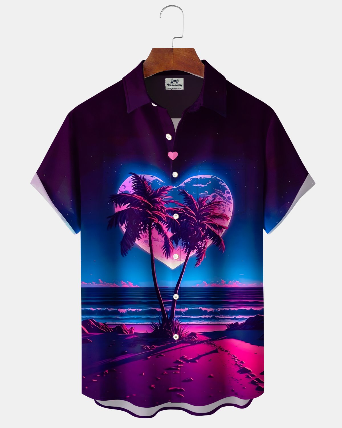 Alohadaddy® Retro Gradient Hawaiian Heart-Shaped Coconut Tree Valentine's Day Men's Short-Sleeve Shirt