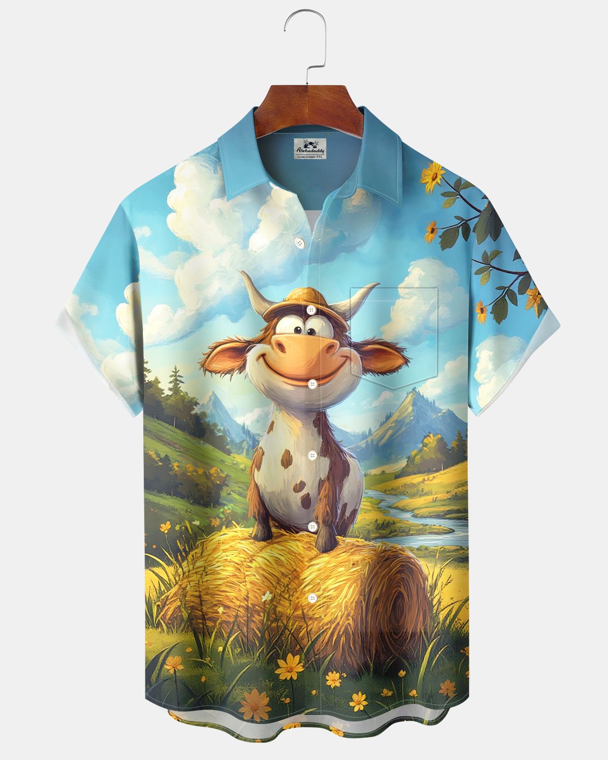 Alohadaddy® Vintage Farm Cow Cartoon Scene Holiday Shirt