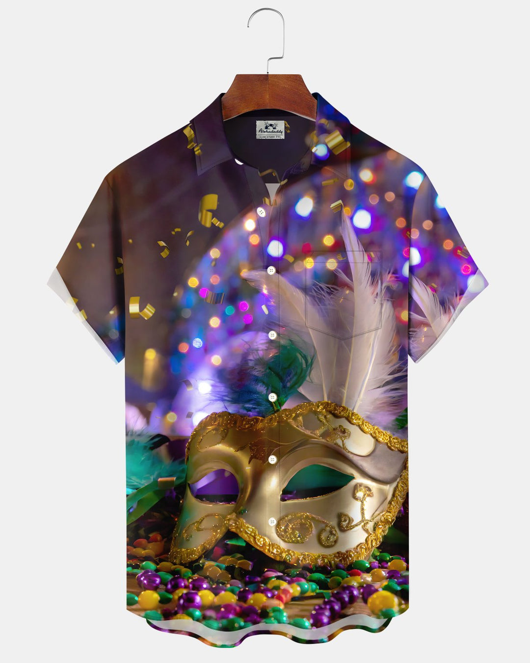 Alohadaddy® Holiday Mardi Gras Party Mask Beaded Shirt Men&