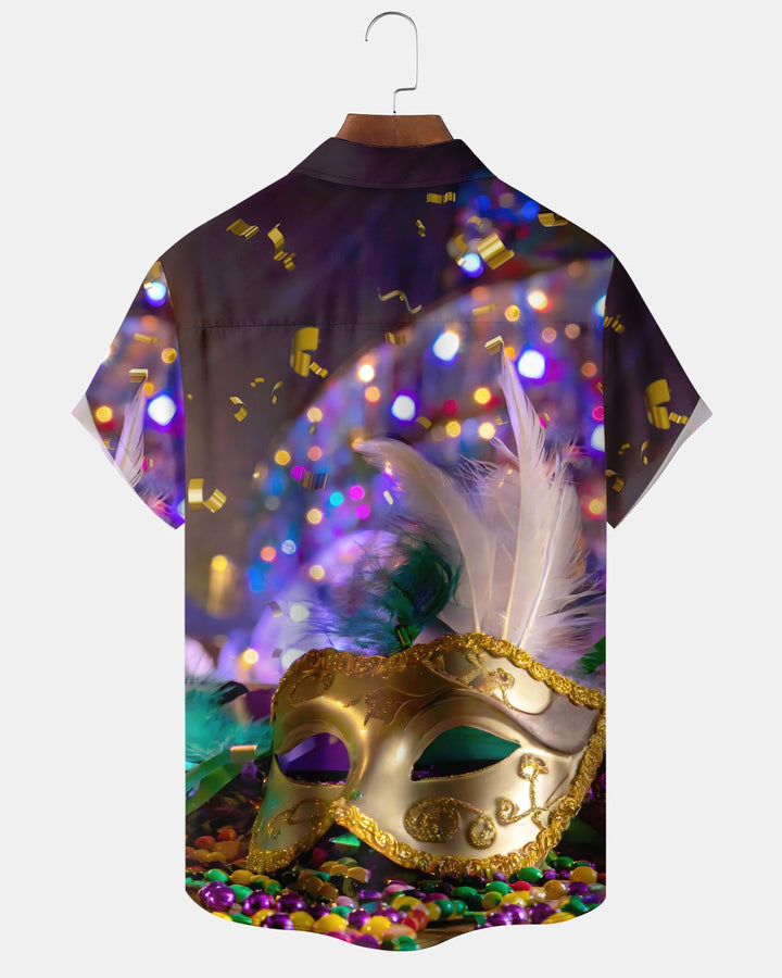 Alohadaddy® Holiday Mardi Gras Party Mask Beaded Shirt Men&