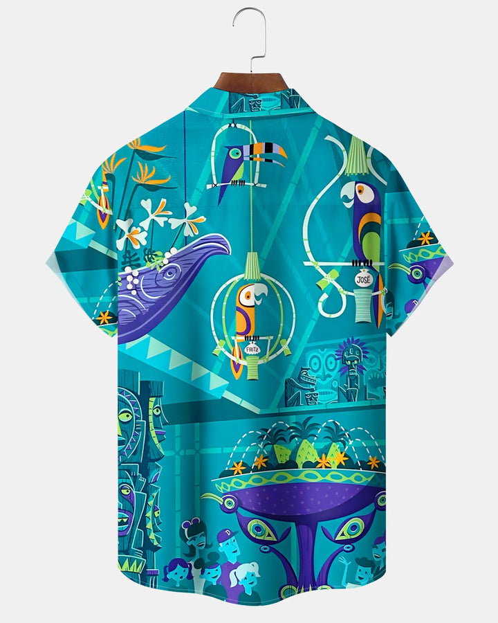 Alohadaddy® Hawaiian Retro Tiki Cartoon Parrot Hawaiian Shirt