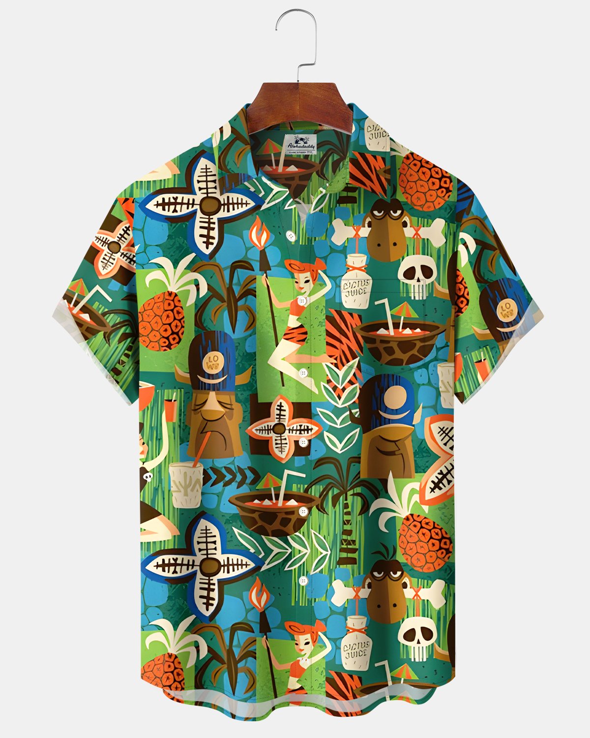 Alohadaddy® Hawaiian Retro Tiki Grass Skirt Girl Floral Short-Sleeve Shirt