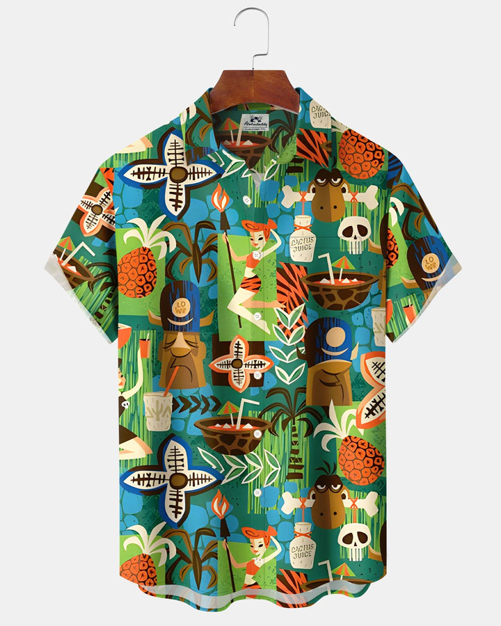 Alohadaddy® Hawaiian Retro Tiki Grass Skirt Girl Floral Short-Sleeve Shirt