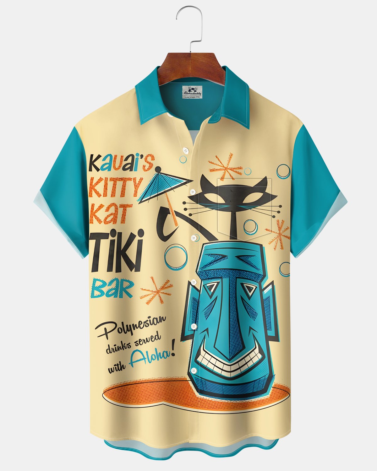 Alohadaddy® Retro Atomic Geometric Cat Tiki Hawaiian Cocktail Shirt