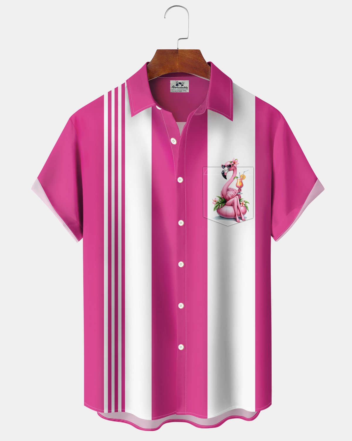 Alohadaddy® Hawaiian Flamingo Retro Cocktail Men's Bowling Shirt