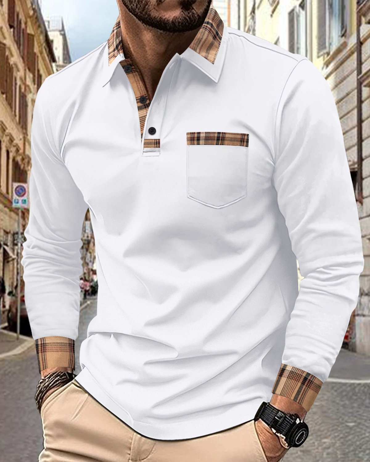 Alohadaddy® Retro Geometric Patchwork Long-Sleeved Men's Polo Shirt