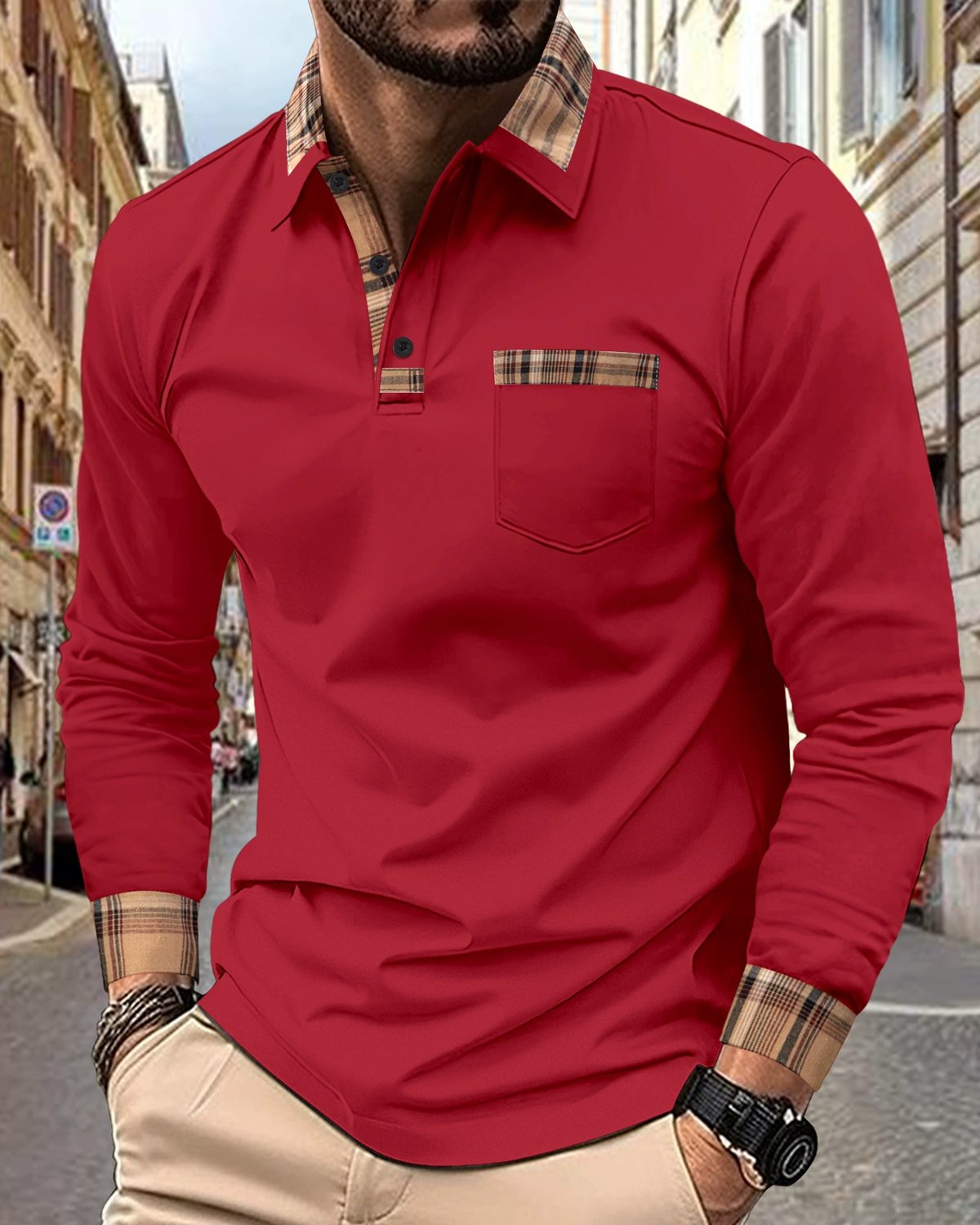 Alohadaddy® Retro Geometric Patchwork Long-Sleeved Men's Polo Shirt