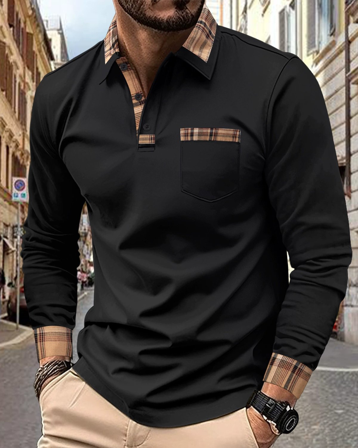 Alohadaddy® Retro Geometric Patchwork Long-Sleeved Men's Polo Shirt