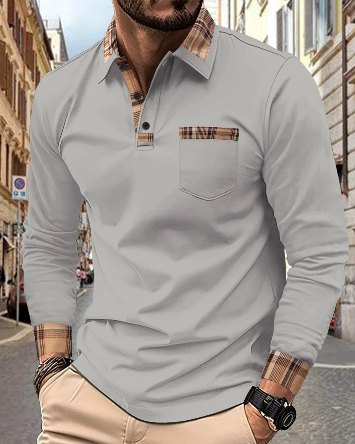 Alohadaddy® Retro Geometric Patchwork Long-Sleeved Men's Polo Shirt