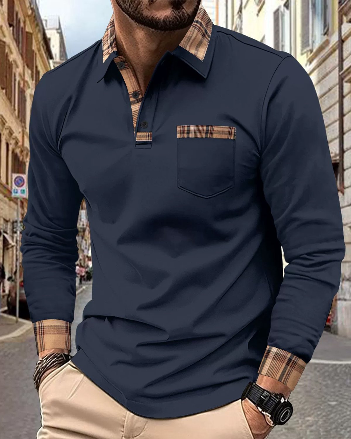 Alohadaddy® Retro Geometric Patchwork Long-Sleeved Men's Polo Shirt