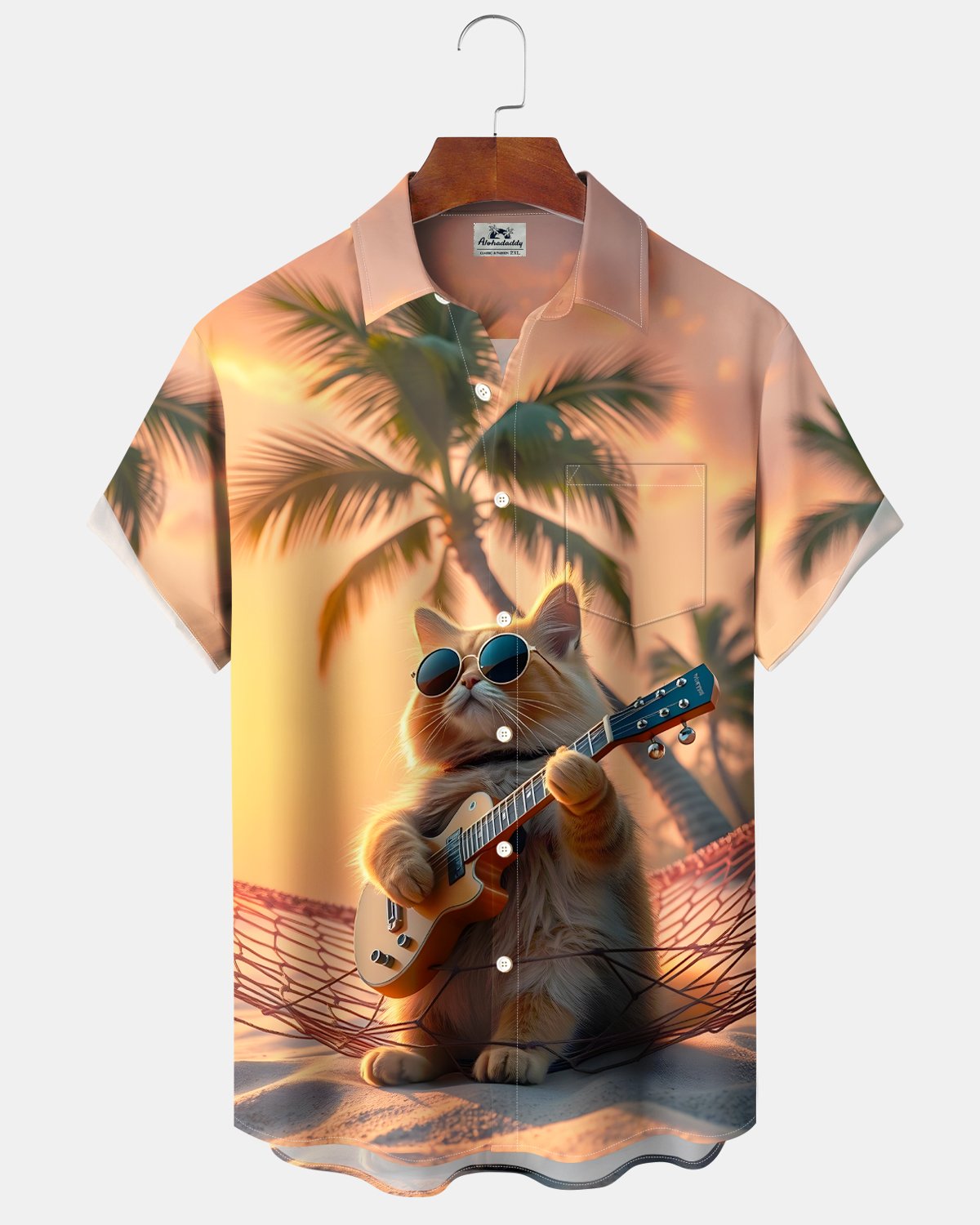 Alohadaddy® Hawaiian Beach Coconut Tree Cartoon Cat Music Guitar Men's Shirt