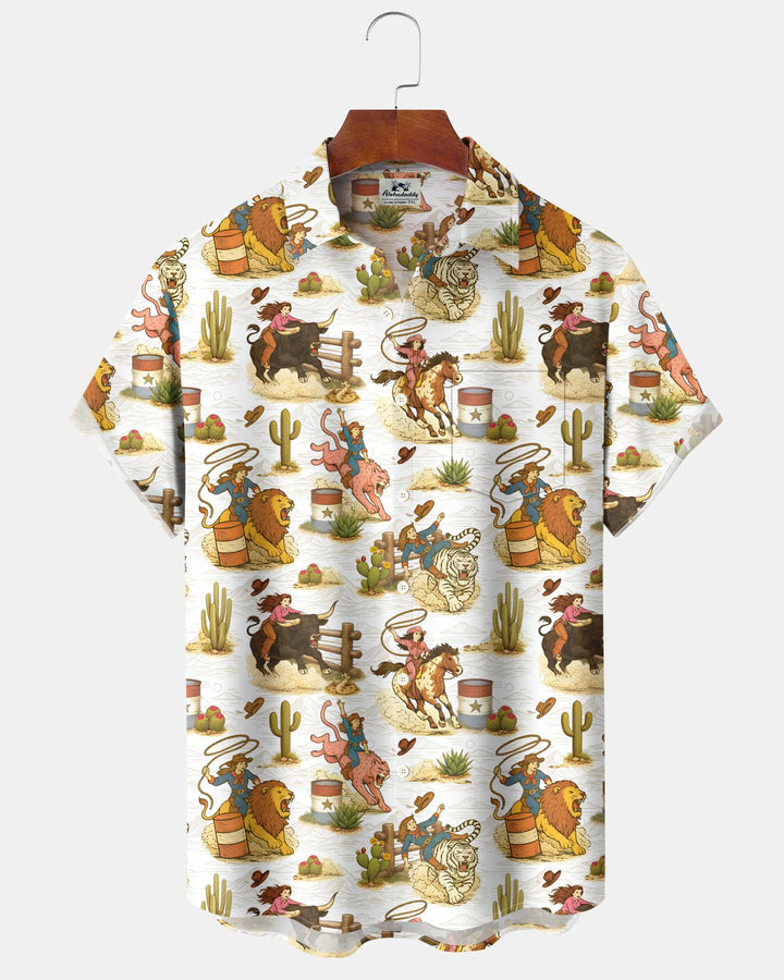 Alohadaddy® Cow Girl Lion Cactus Hawaiian Short-Sleeved Men&
