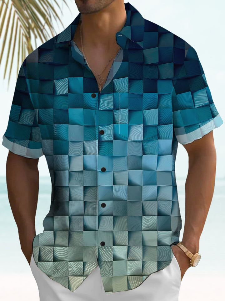 Alohadaddy Retro 3D Art Gradient Geometric Pocket Hawaiian Shirt