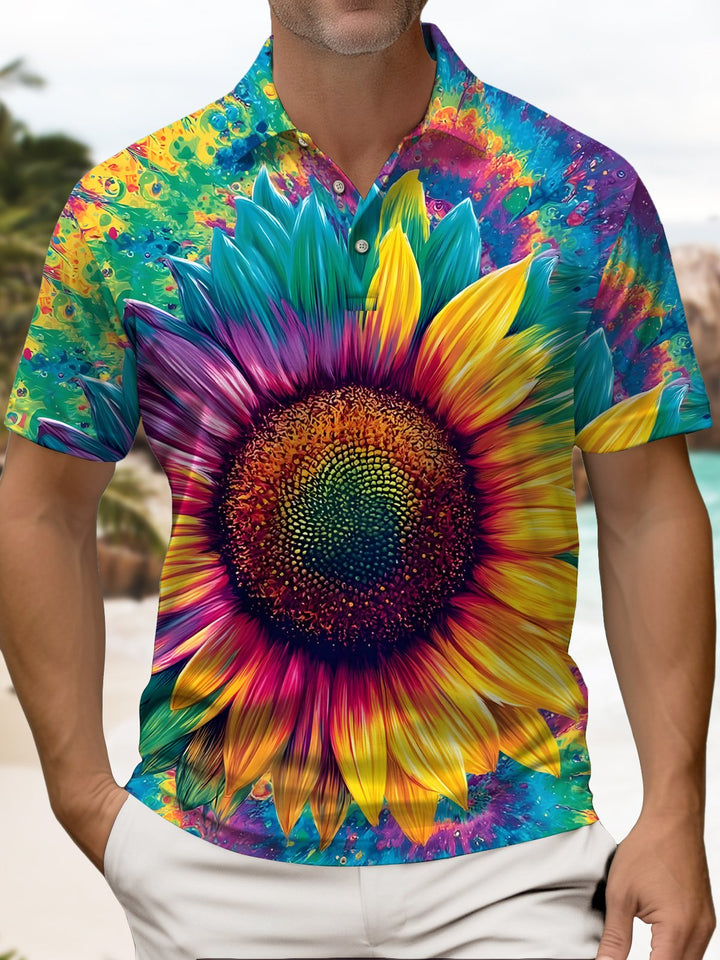 Alohadaddy® Retro Abstract Tie-Dye Sunflower Floral Polo Shirt