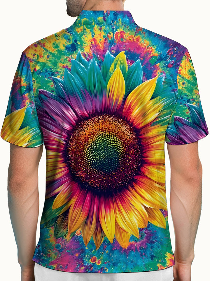 Alohadaddy® Retro Abstract Tie-Dye Sunflower Floral Polo Shirt