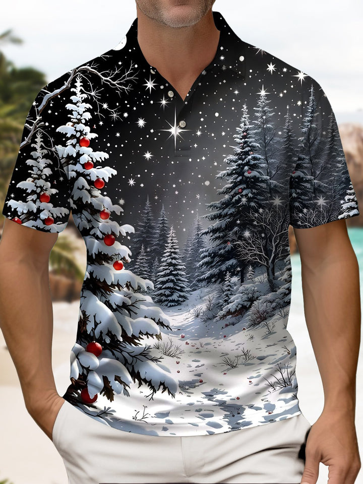 Alohadaddy® Christmas Snow Scene Christmas Tree Polo Shirt