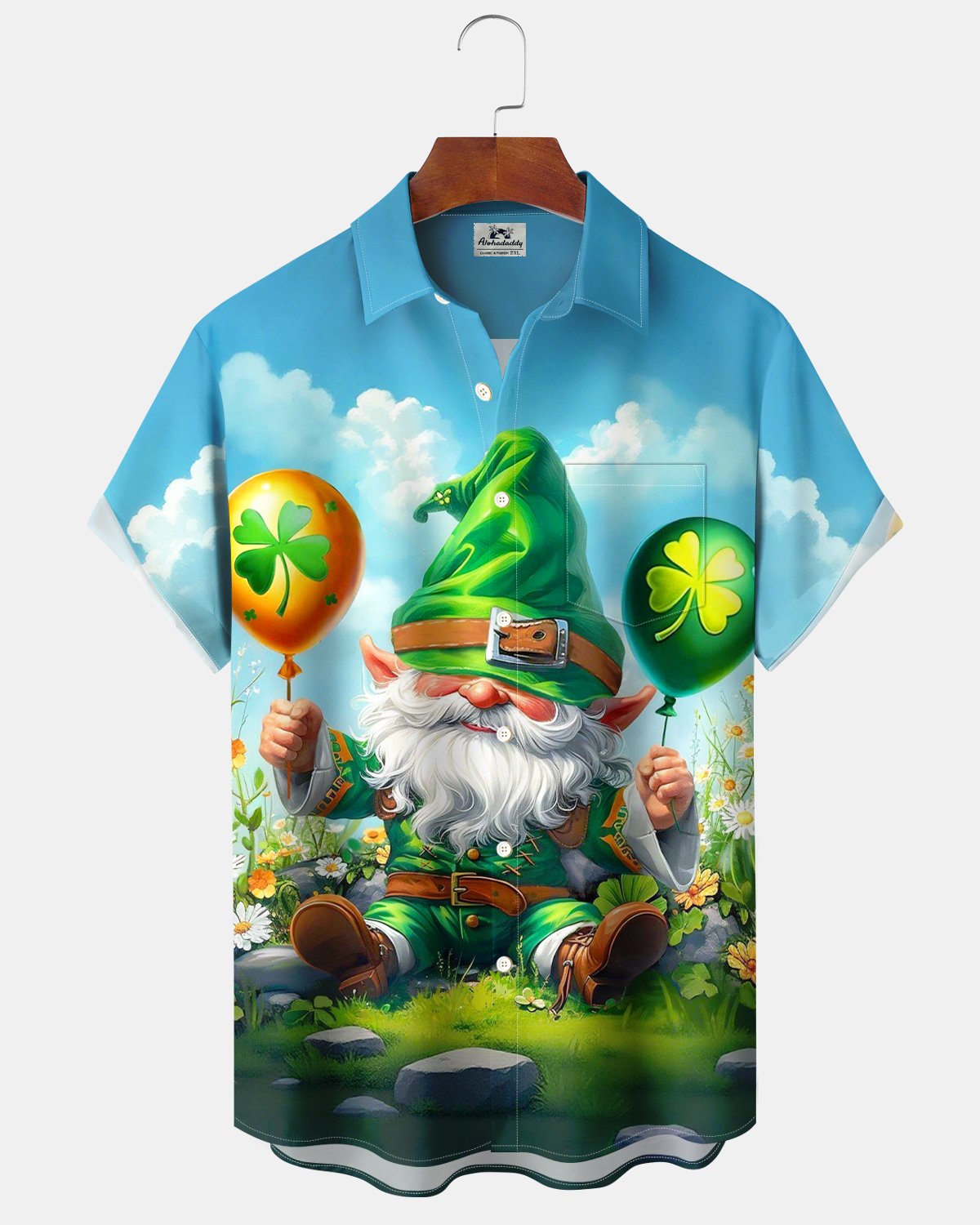 Alohadaddy® St. Patrick's Day Cartoon Gnome Elf Four-Leaf Clover Balloon Hawaiian Shirt
