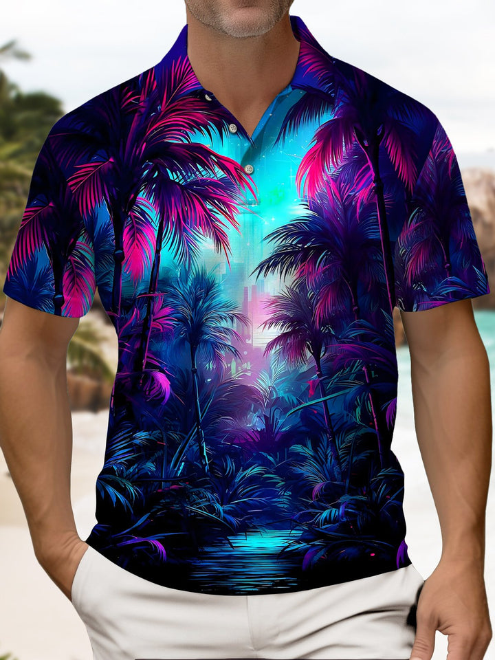 Alohadaddy® Hawaiian Beach Scene Coconut Tree Short-Sleeve Polo Shirt