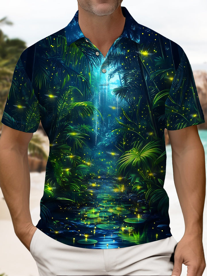 Alohadaddy® Hawaiian Forest Coconut Tree Firefly Short-Sleeved Polo Shirt