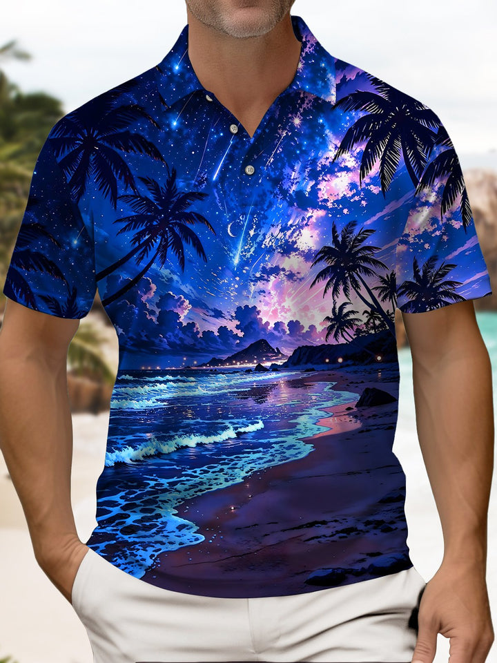 Alohadaddy® Hawaiian Coconut Tree Beach Short-Sleeved Polo Shirt