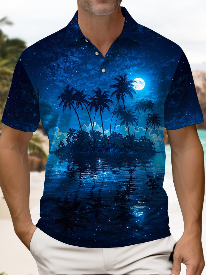 Alohadaddy® Hawaiian Coconut Tree Beach Short-Sleeved Polo Shirt