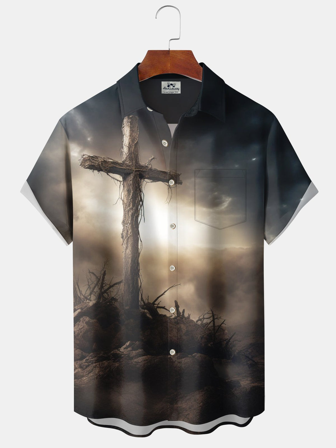 Alohadaddy Vintage Holiday Mens Easter Jesus Cross Stretch Pocket Shirt