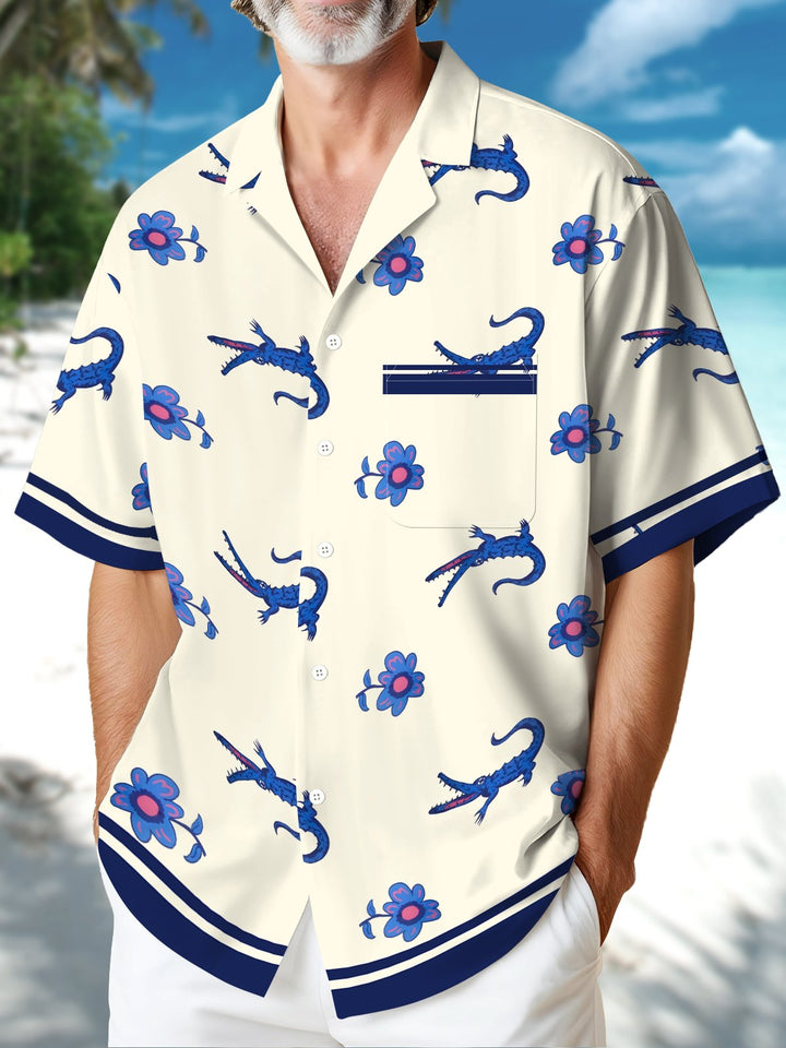 Alohadaddy Hawaiian Crocodile Flowers Art Print Button Cardigan Pockets Elastic Oversized Long Short Sleeve Shirt