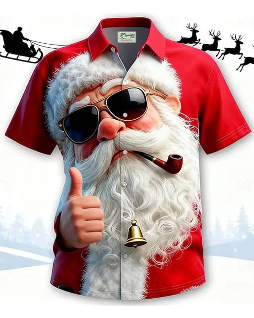 Alohadaddy® Christmas Santa Claus Print Men's Button Pocket Short Sleeve Shirt Big & Tall