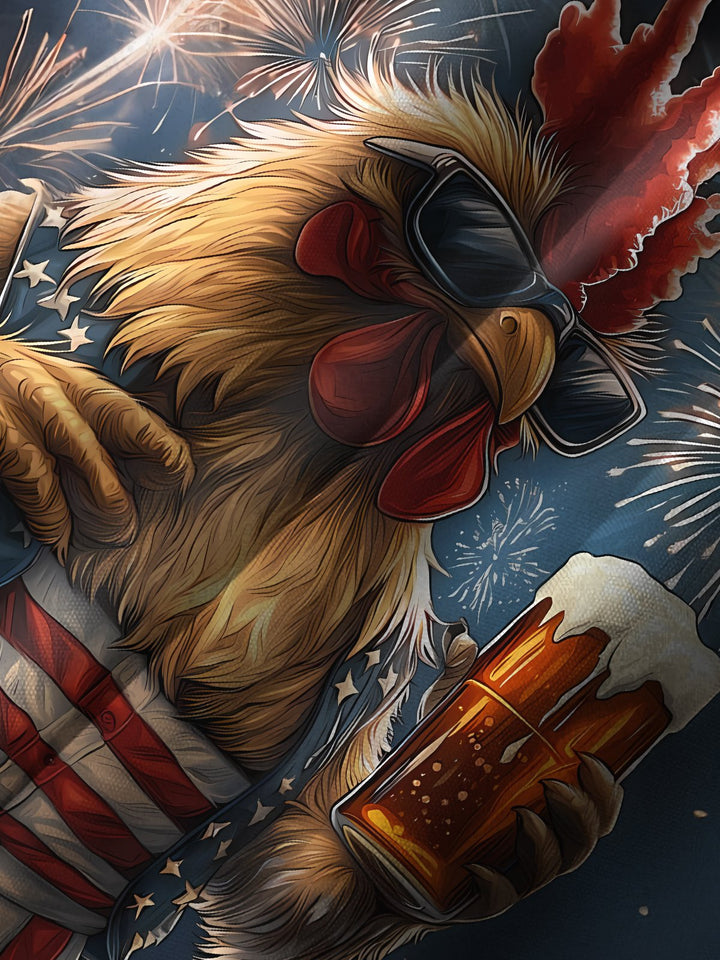Alohadaddy Independence Rooster Beer Print Art Pocket Button Elastic Large Size Shirt