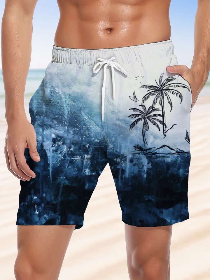 Alohadaddy Hawaiian Palm Trees Ombre Elastic Waist Drawstring Print Art Stretch Polyester Beach Shorts