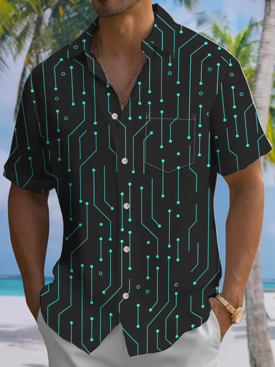 Alohadaddy® Casual Stripe Print Chest Pocket Stretch Men&