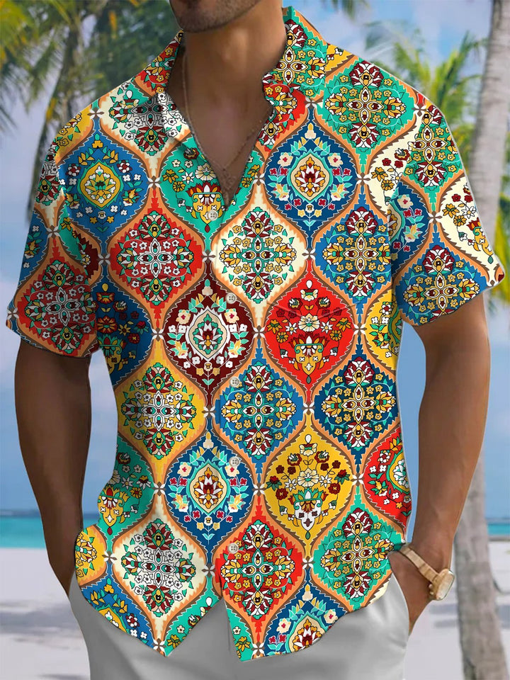 Alohadaddy® Casual Ethnic Pattern Print Art Chest Pocket Men&