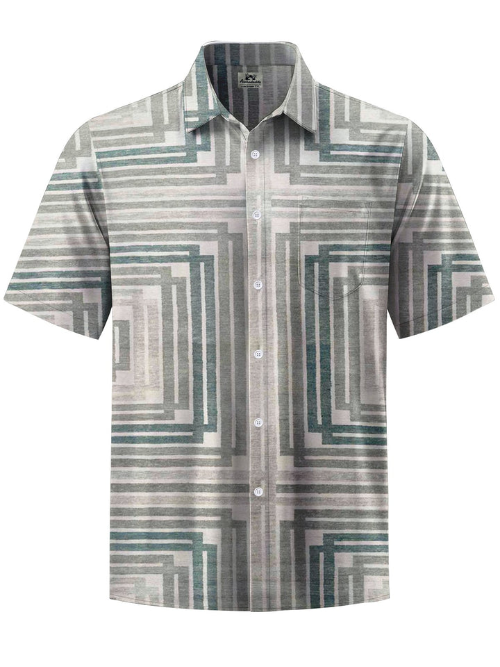Alohadaddy® Vintage Stripe Geometric Art Print Chest Pocket Men Short Sleeve Shirt Big &amp; Tall