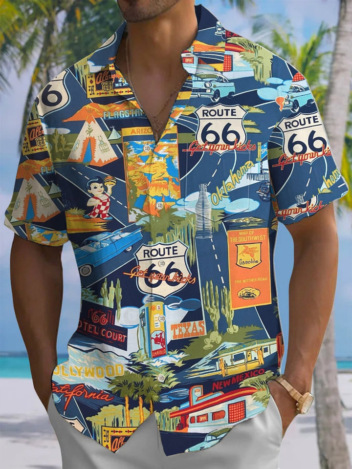 Alohadaddy® Vintage Car Route 66 Print Art Chest Pocket Men&