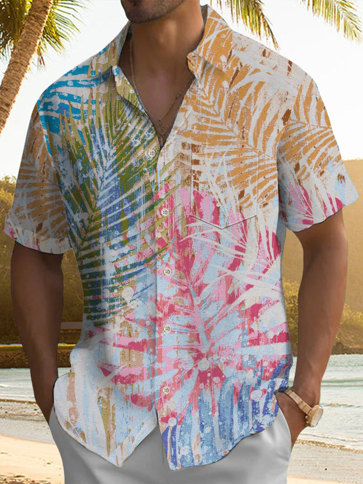 Alohadaddy® Casual Palm Leaf Art Print Chest Pocket Mens Short Sleeve Shirt Big &amp; Tall