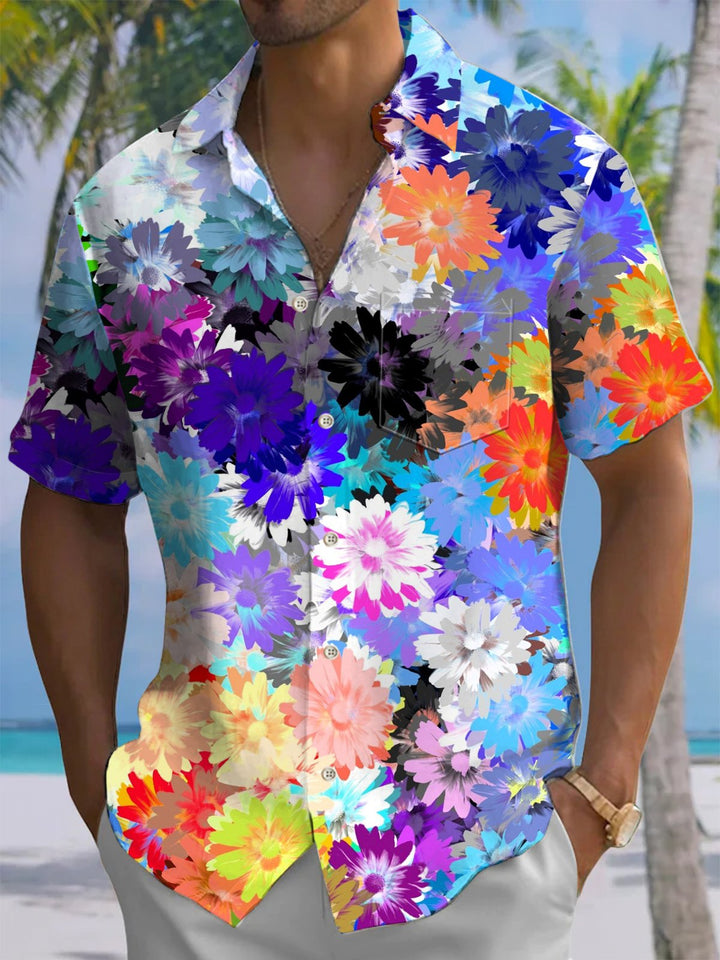 Alohadaddy® Hawaiian Flowers Art Print Chest Pocket Mens Short Sleeve Shirt Big &amp; Tall