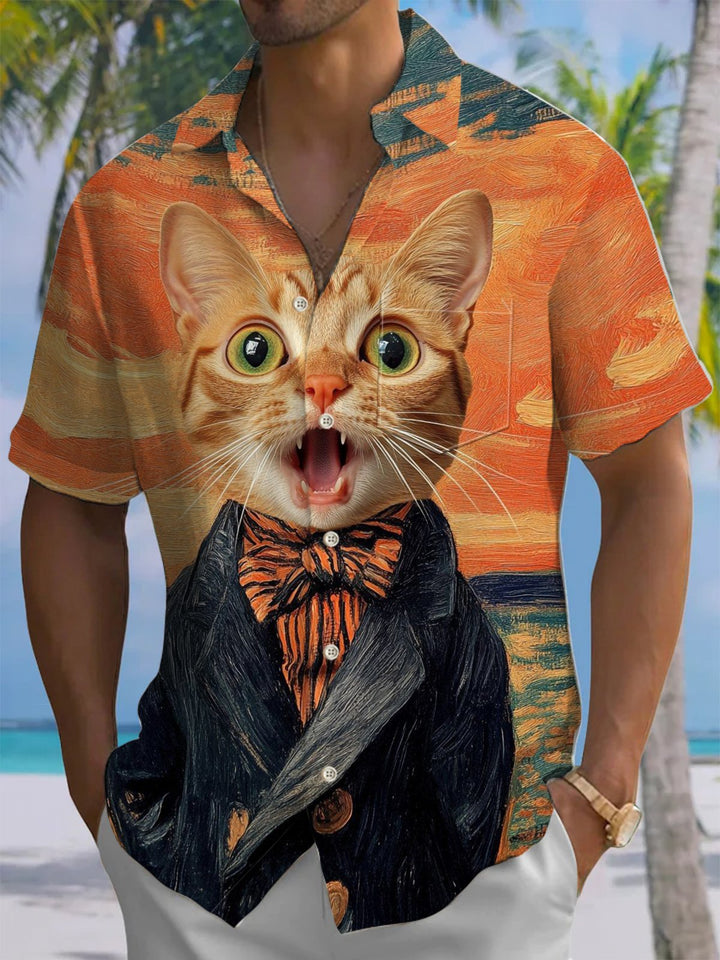 Alohadaddy® Casual Cat Painting Art Print Chest Pocket Men&