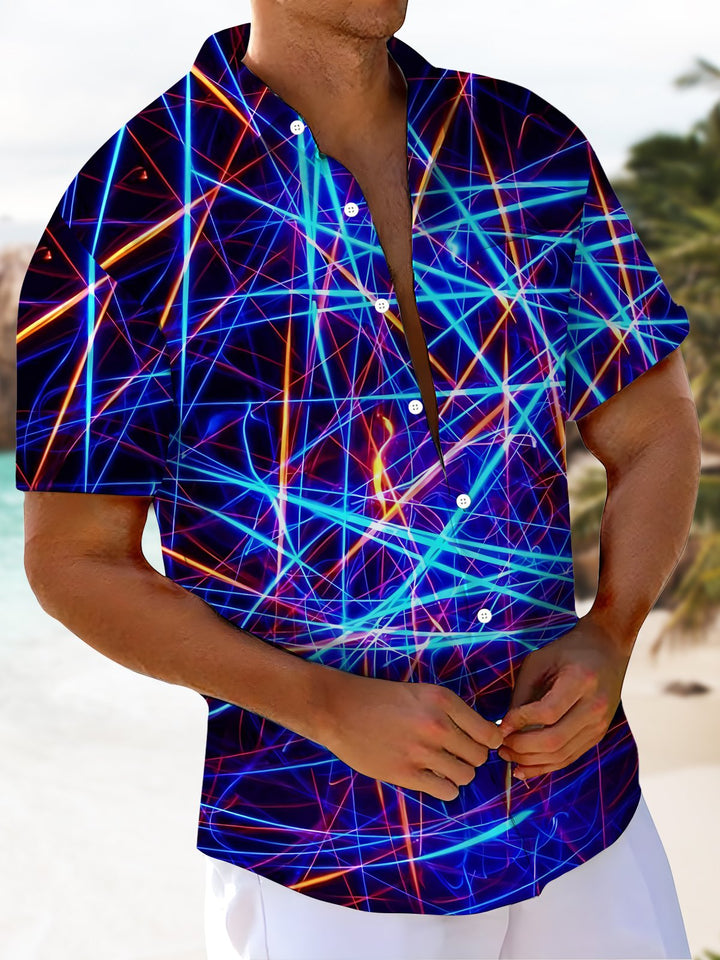 Alohadaddy® Casual Stripe Abstract Art Print Chest Pocket Men&