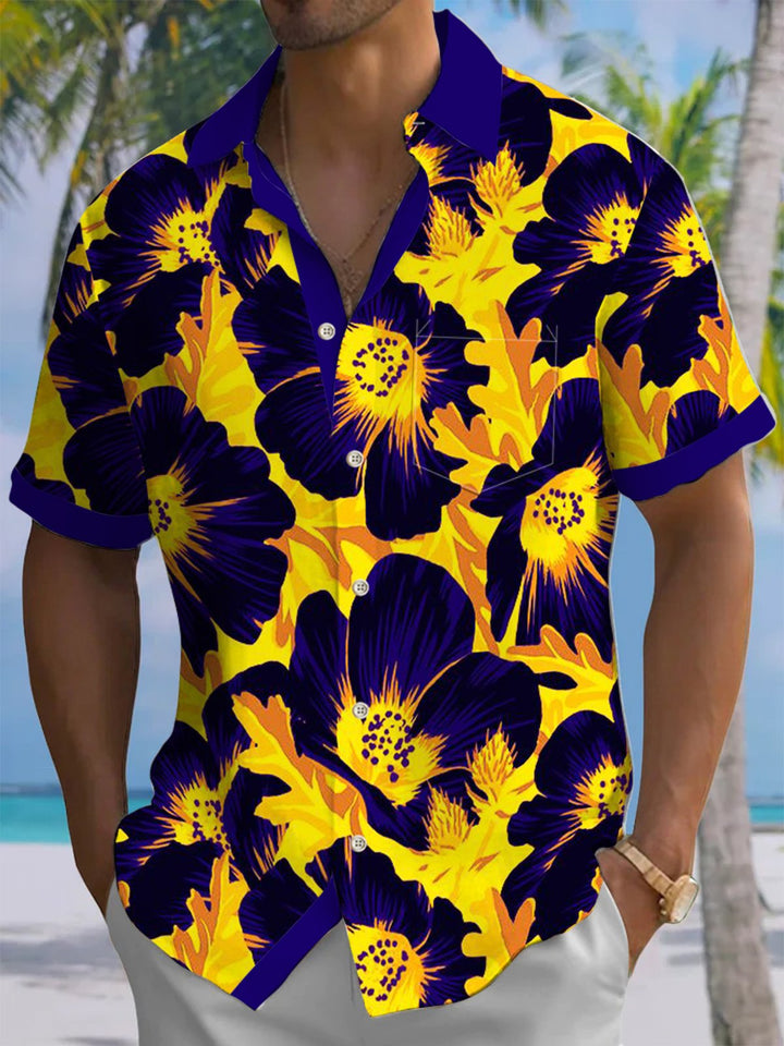 Alohadaddy® Casual Floral Contrast Color Print Art Chest Pocket Men&